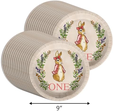 Peter Rabbit Girl's Pink First Birthday - 32 Piece Disposable Party Supplies - Decorations for Bunny 1st Birthday Round Party Plates - Large 9" Paper Plates In Bulk - Image 2