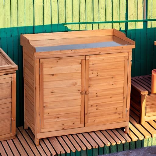 GDLF Outdoor Storage Cabinet with Work Bench, Garden Potting Table, Natural - Image 5