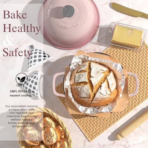 Cast Iron Dutch Oven Pot with Lid, Round Bread Oven for Sourdough Bread Baking, Umite Chef Enameled Cast Iron Bread Oven with Dome Lid & Cotton Potholders for Sourdough, Pink, 6 Quarts - Image 2