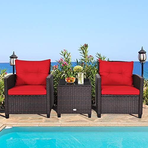 RELAX4LIFE 3 Piece Patio Furniture Set, Wicker Bistro Conversation Set w/ 2 Cushioned Armchairs & Glass Topped Table, Outdoor Rattan Sofa Set Patio Furniture for Porch Balcony Poolside (Red) - Image 2