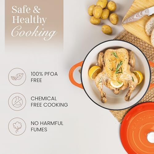Cast Iron Pot with Lid-Non-Stick Ovenproof Enamelled Casserole Pot, Oven Safe up to 500° F-Sturdy Dutch Oven Cookware - Orange, 5-Quart, 24cm by- Nuovva - Image 4