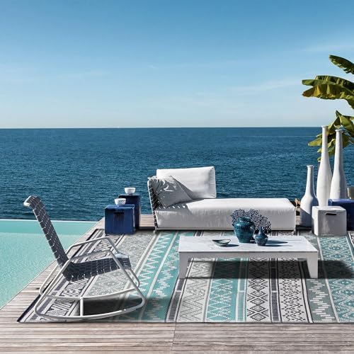 Outdoor Rug 9 x12 ft, Plastic Rug for Patio, Blue & Grey - Image 3