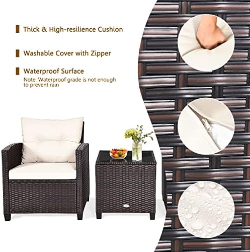 RELAX4LIFE 3 Piece Patio Furniture Set, Wicker Bistro Conversation Set w/ 2 Cushioned Armchairs & Glass Topped Table, Outdoor Rattan Sofa for Porch Balcony Poolside (White) - Image 4
