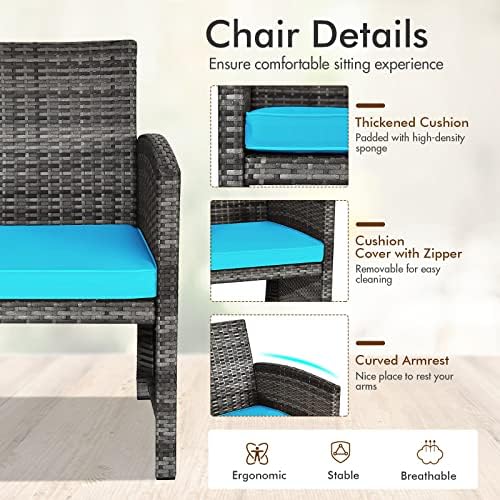 Goplus 4-Piece Rattan Patio Furniture Set, Outdoor Wicker Conversation Sofa with Weather Resistant Cushions and Tempered Glass Tabletop for Lawn Backyard Pool Garden (Turquoise) - Image 4