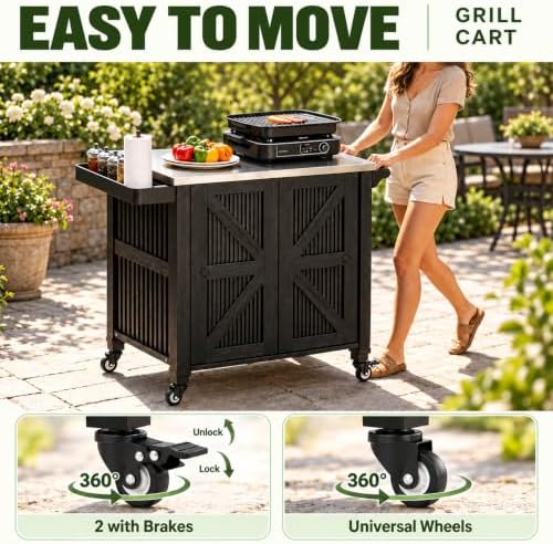 Outdoor Grill Cart with Stainless Steel Tabletop, Outdoor Kitchen Island with Storage Cabinet, Grill Cart with Folding Trash Can, 4 Wheels (2 Lockable) for Patio, Backyard, Garden and Poolside - Image 6