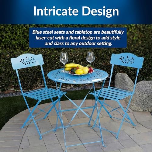 Alpine Corporation 3-Piece Bistro Set with Folding Table and 2 Chairs, Durable Steel Indoor/Outdoor Patio Furniture, Compact Seating, Blue - Image 3