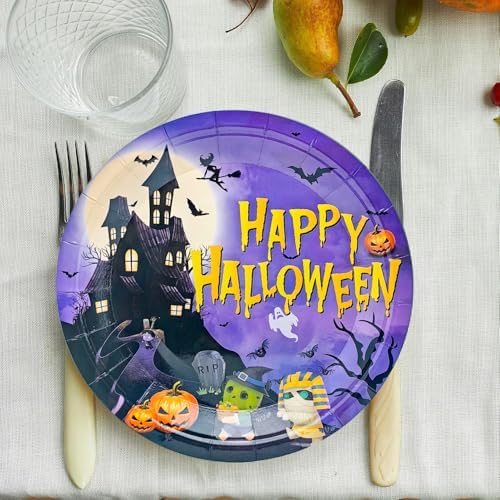 50Pcs Halloween Party Supplies Halloween Paper Plate 7Inch Pumpkin Plates Fall Pumpkin Monster Paper Plates for Haunted House Themed Black Orange Fall Birthday Party Decorations (Purple) - Image 3