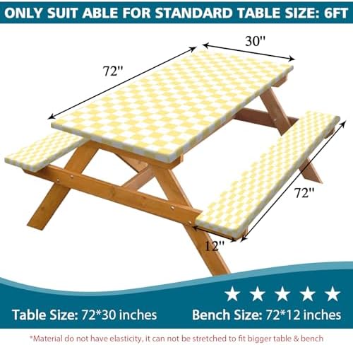 Picnic Table Cover with Bench Covers and Bag, Yellow White Checkered Gingham Buffalo Plaid Camping Tablecloth Waterproof Windproof Elastic Edges Fitted Tablecloths for Outdoor Garden 3PCS 30x72 Inch - Image 2