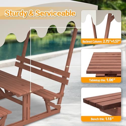 Outdoor Waterproof Solid Wood Picnic Table and Bench Set with Removable Canopy - Suitable for All-Weather patios, Gardens, Decks, Parks, Beaches - Image 6