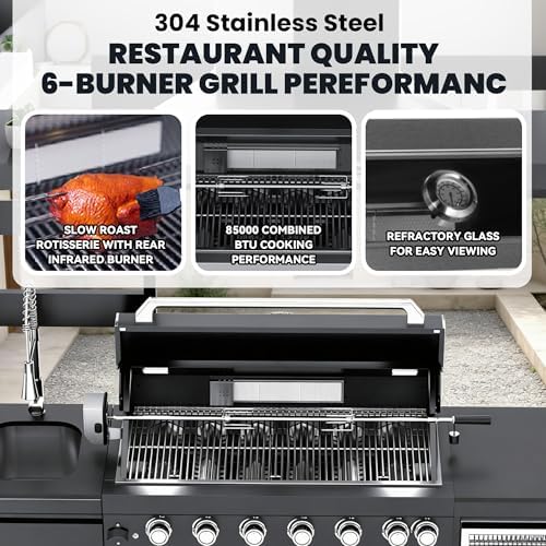 108-Inch 6-Burner 85000 BTU Natural Gas Grill Island with Shed, 304 Stainless Steel Black, 684 Sq.In Cooking Area, Wine Cooler, Rotisserie, Granite Countertops for Backyard BBQ, Black - Image 4
