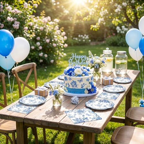 50 Pcs Blue Floral Plates and Napkins, Blue Floral Party Supplies - Image 6