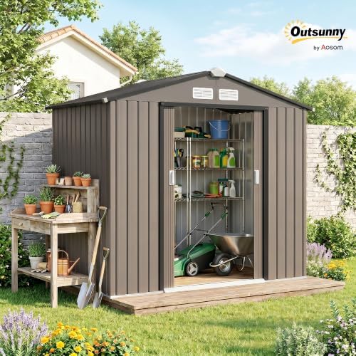 Outsunny 7' x 4' Outdoor Storage Shed Garden Tool Metal Shed Brown - Image 2