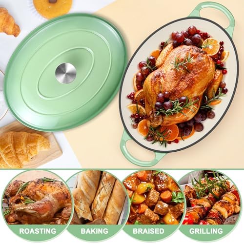 E-far 7QT Oval Dutch Oven Pot with Lid, Green Enameled Cast Iron Dutch Oven - Image 4