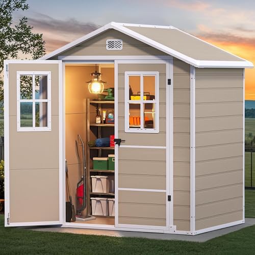 DWVO 6x4.4 FT Outdoor Storage Shed, Plastic Garden Tool Shed with 2 Windows, Double-Wall Outside Shed for Lawn Mower, Garden Tool for Backyard, Patio, Lockable, Beige - Image 2
