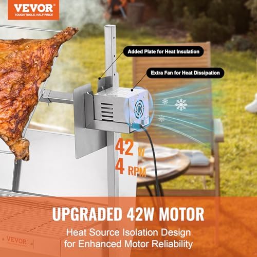 VEVOR Rotisserie Grill with Windscreen, BBQ Whole Pig Lamb Goat Charcoal Spit Grill, 35 Inch 90 Lbs Capacity, Electric 42W Motor Stainless Steel Roaster with Lockable Wheels, for Camping Outdoor - Image 2