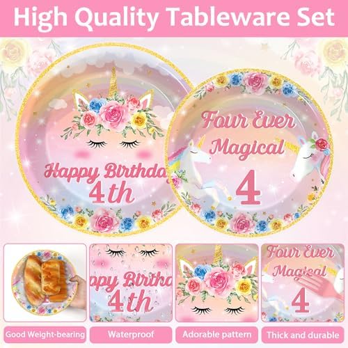 96PCS Four Ever Magical Party Paper Plates and Napkins Unicorn 4th Birthday Party Decor Rainbow Unicorn Plates 4 Year Old Tableware Set for 24 Guests Magical 4th Birthday Gatherings Decorations - Image 3