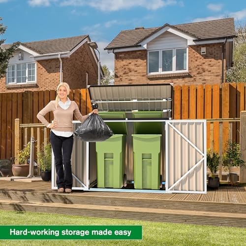 AECOJOY Outdoor Trash Can Storage Shed, 46 Cu.Ft Metal Garbage Bin Enclosure with Lift-Up Lid & Gas Strut, Waterproof Outdoor Garbage Can Organizer, Bike Shed Backyard Patio Garden, White - Image 3
