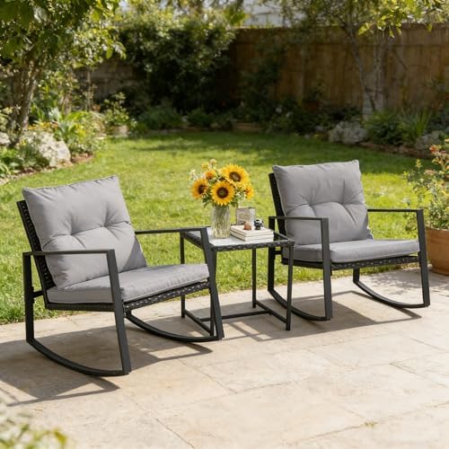 SUNCROWN 3 Piece Outdoor Rocking Bistro Set Black Wicker Furniture Porch Chairs Conversation Sets with Glass Coffee Table, Dark Grey - Image 5