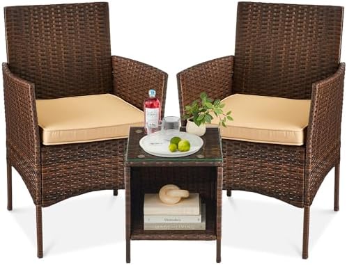 Best Choice Products 3-Piece Outdoor Wicker Conversation Bistro Set, Space Saving Patio Furniture for Garden w/Side Table - Brown/Tan by BestChoiceProducts