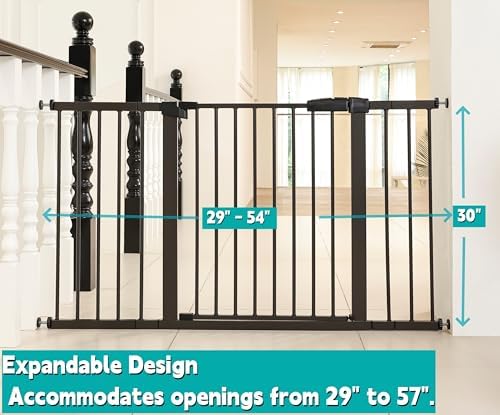 53.46"-55.63" Baby and Pet Safety Gate, 30" Tall Metal Walk-Thru Gate for Doorways & Stairs, Easy One-Hand Open, Dual Lock, Extensions & Wall Mounts Included (Black, 29"-54" W x 30.5“H) - Image 2