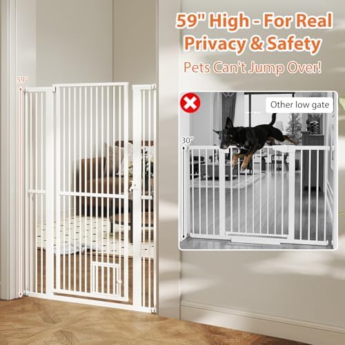 Giantex 59'' Extra Tall Pet Gate for Large Dogs & Cats, Adjustable 30.5''–41'' Wide Dog Gate with Small Pet Door, Extension Kits, Pressure or Hardware Mount, Jump-Proof Indoor Barrier, White - Image 7