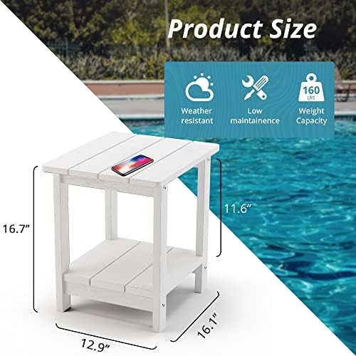 LUE BONA Outdoor Side Table, 2-Tier HDPS Small Patio Table, White - Image 3