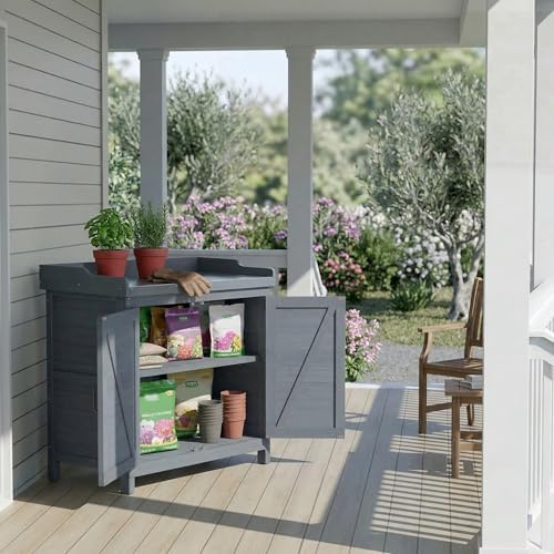 GDLF Outdoor Storage Cabinet with Work Bench, Garden Potting Table, Gray - Image 4