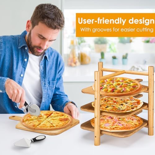16.9x12" Pizza Peel & Cutting Board Set (7 Pcs), Bamboo Pizza Paddle with Stand, 4 Serving Trays, Includes Stainless Steel Pizza Cutter & Spatula - Image 2