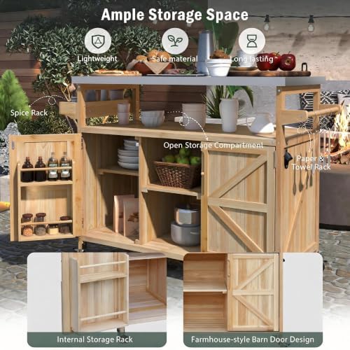 MEETFFAV 50.25" W Grill Cart with Stainless Steel Tabletop, Natural - Image 4