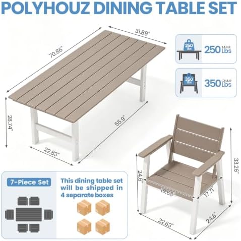 Outdoor Dining Set,7-Piece Patio Table and Chairs Set for 6, HDPE Outdoor Dining Table and Chairs with Umbrella Hole, All-Weather Patio Dining Furniture Set,White Brown - Image 2