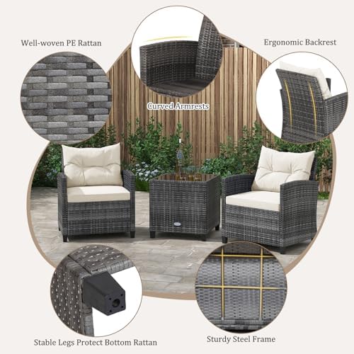 KOTEK 3 Piece Patio Furniture Set, Outdoor PE Rattan Conversation Set with Washable Cushions & Tempered Glass Tabletop, Wicker Chairs and Table Set for Porch, Garden, Balcony (White) - Image 3