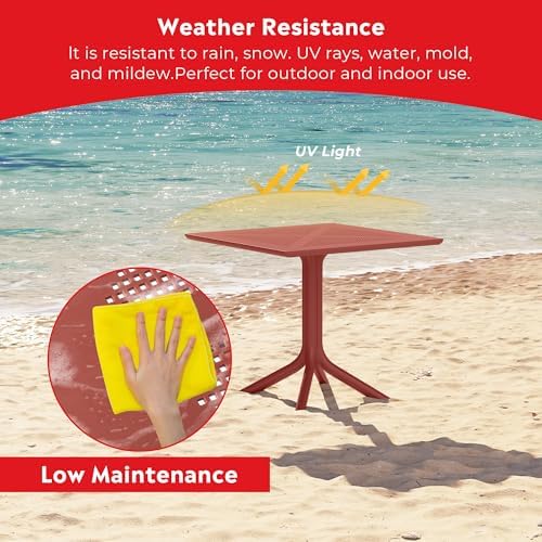 Costaelm Patio Dining Table for 4, Square PP Patio Table, 4-Person Weather Resistant Porch Tables for Outside Poolside Deck Lawn Garden Backyard, Red - Image 3