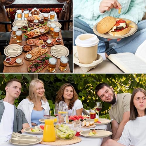 Compostable Paper Plates Set, 250PCS Disposable Heavy-Duty Sugarcane Plate - Image 2