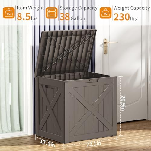 PatioZen 38 Gallon Outdoor Deck Box,Waterproof Resin Outdoor Storage Boxes, Outside Storage Lockable Container for Garden Tools,Indooor Cushions,Accessories (Grey) - Image 6