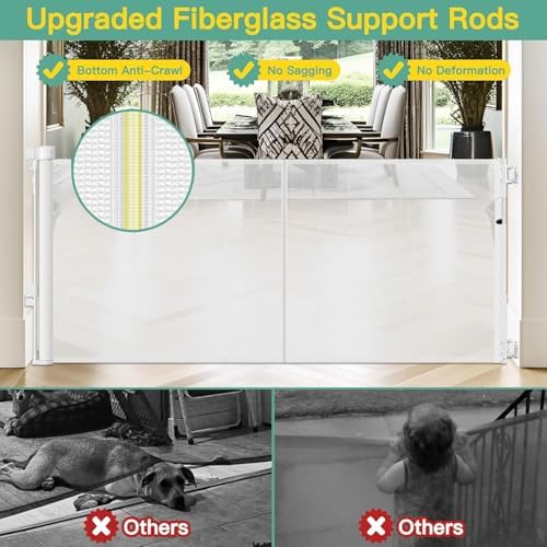 Reinforced 60" Wide Retractable Baby Gate with Reinforced Rods, 5 ft Retractable Dog Gate Indoor/Outdoor Baby Gate Retractable Gate - Bottom Anti-Escape, White - Image 2