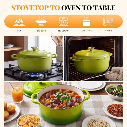 NEWBULIG Enamel Cast Iron Dutch Oven, 6 Quart Pot with Lid, Green - Image 6