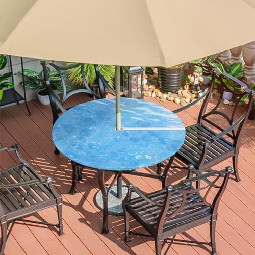 Fitted Round Tablecloth with Umbrella Hole and Zipper Ocean Outdoor Elastic Table Cloth 36"-44" Oil-Proof Waterproof Blue Water Patio Table Cover for Picnic Party - Image 7