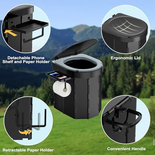 PAHTTO Portable Camping Toilet, Foldable Toilet for Adults with Detachable Phone Shelf and Toilet Paper Holder, Waterproof Porta Potty with Lid for Camping, Hiking, RV Travel, Road Trips - Image 2