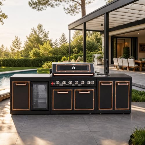 114" Black Titanium Outdoor Kitchen Island, 6-Burner Gas Grill & Sink by Dvasovio
