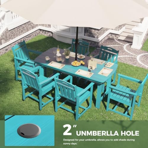 HDPE Outdoor Dining Set, Patio Table and 6 Chairs, 2" Umbrella Hole, Lake - Image 5