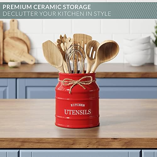 Barnyard Designs Ceramic Kitchen Utensil Holder Countertop 6.75″ (Red) - Image 5