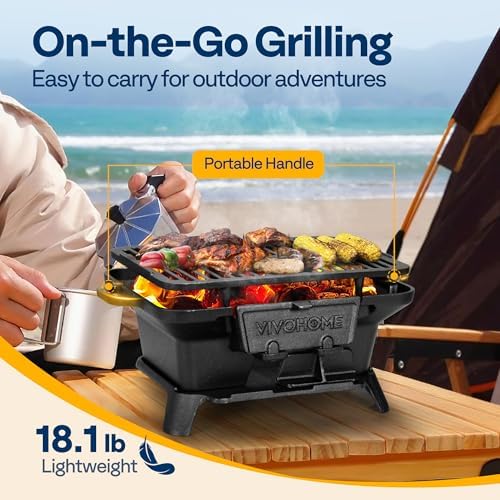 VIVOHOME Rectangle Cast Iron Charcoal Grill with Double-Sided Grate - Image 5
