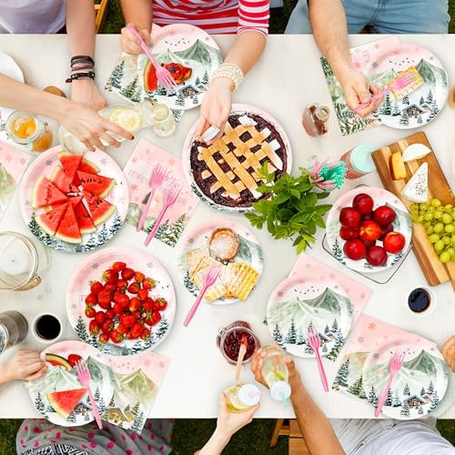 96Pcs Baby It's Cold Outside Pink Winter Wonderland Party Plates Supplies - Party Tableware Decoration Disposable Paper Plates Napkins Fork for Birthday Christmas Baby Shower, Serves 24 - Image 5