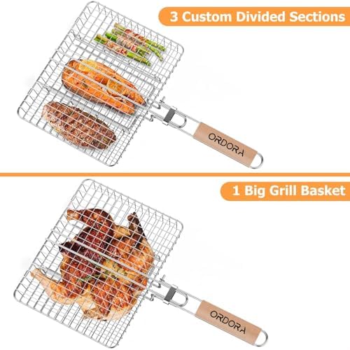 ORDORA Grill Basket Deep, Stainless Steel BBQ Grilling Baskets for Outdoor Grill, Fish Grilling Rack for Veggies, Meat, Shrimps, Grill Accessories with Detachable Handle, Gifts for Dad - Image 2