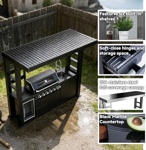 108-Inch 6-Burner 85000 BTU Natural Gas Grill Island with Shed, 304 Stainless Steel Black, 684 Sq.In Cooking Area, Wine Cooler, Rotisserie, Granite Countertops for Backyard BBQ, Black - Image 3