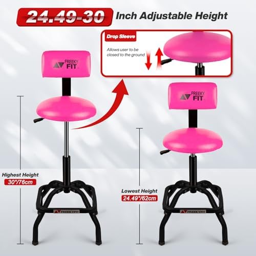 Shop Stool with Backrest, Mechanic Garage Stool for Workshop, Adjustable Shop Stools Chair, Padded Workbench Stools for Men Women, 300 LBS Capacity, 360° Swivel PVC Seat, Heavy Duty, Pink - Image 2
