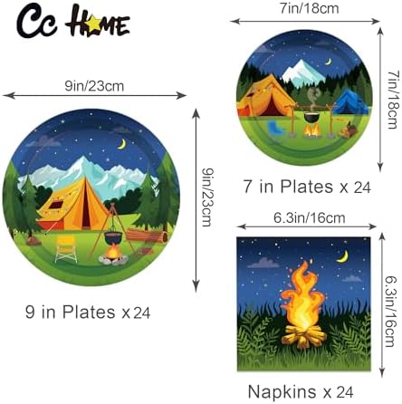 Camping Birthday Paper Plates Napkins Tent Bonfire Disposable Tableware Set Party Supplies Camp Picnic Outdoor Theme Dinnerware Serves 24 Guests for Audlts Kids Baby Shower Birthday 88PCS - Image 2