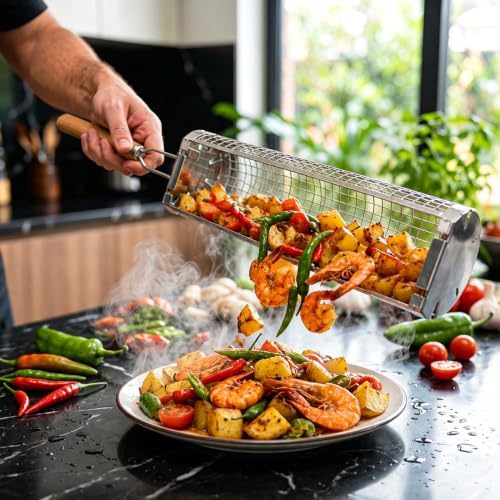 Rolling Grill Basket Large, 304 Stainless Steel Cylinder BBQ Grill Basket - Image 4