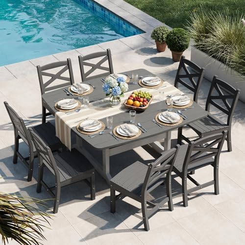 All Weather Patio Dining Table Set for 8, HDPE Heavy Duty Outdoor Rectangular Table & 8 Chairs, 9PCS Outdoor Furniture Set for Patio Garden Lawn, White and Grey - Image 7