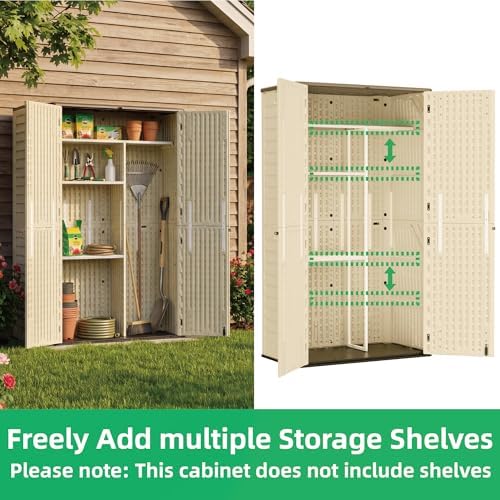 Allpop Tall Outdoor Storage Shed, 61 Cu.Ft Vertical Resin Storage Cabinet with Floor for Trash Cans, Patio & Garden, Khaki - Image 3